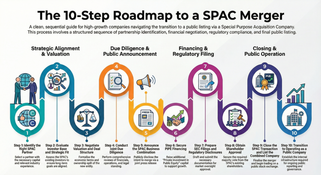 infographic on the 10 steps to a SPAC merger