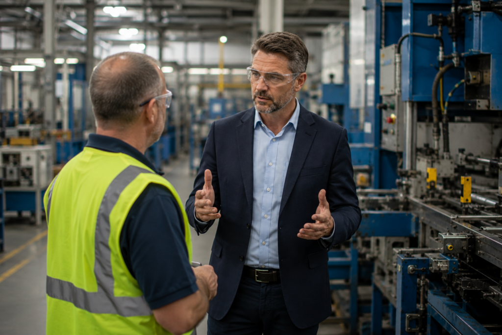 COO talking to a foreman on a factory shop floor