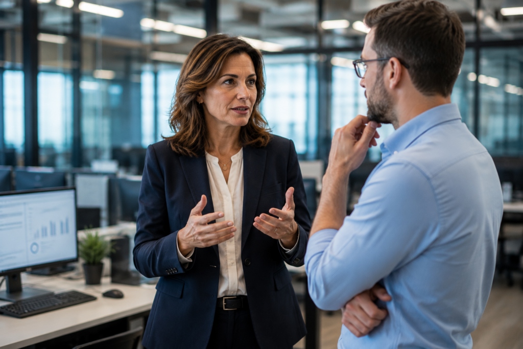 Female executive talking with a male worker in an office